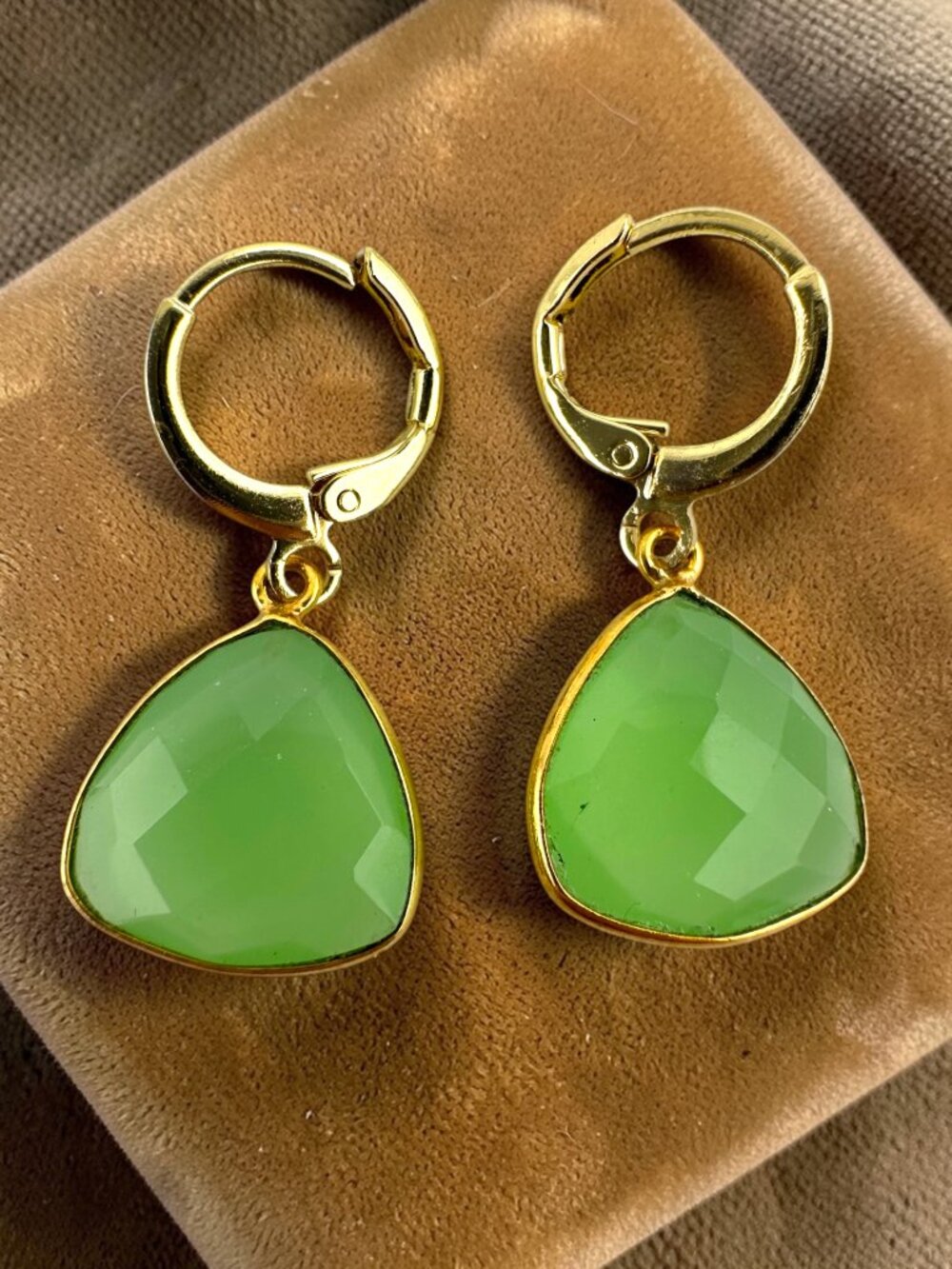 Green Chalcedony Earrings Gold Filled Leverbacks Faceted Trillion Drop